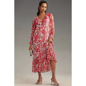 New By Anthropologie Long-Sleeve V-Neck Chiffon Ruffle Midi Dress $168 MEDIUM
